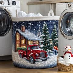 Winter Cabin Scene Quilted Laundry Basket Christmas Truck Hamper Cozy Room Decor For Grandma