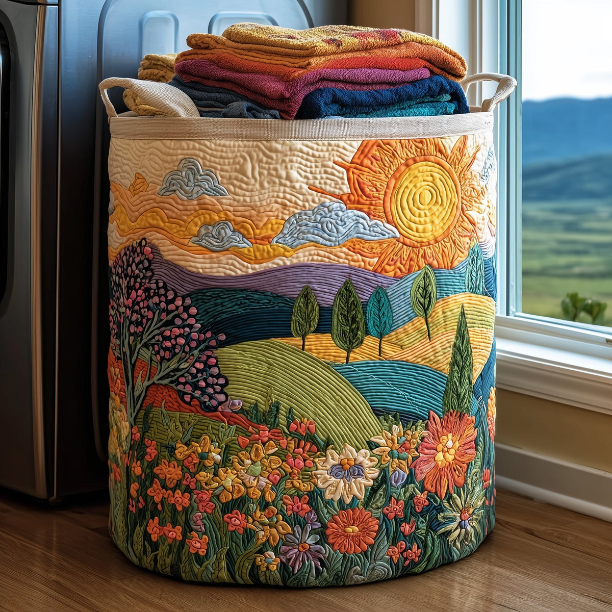 Rolling Hills Wildflower Quilted Laundry Basket Floral Meadow Storage Basket Gift For Her