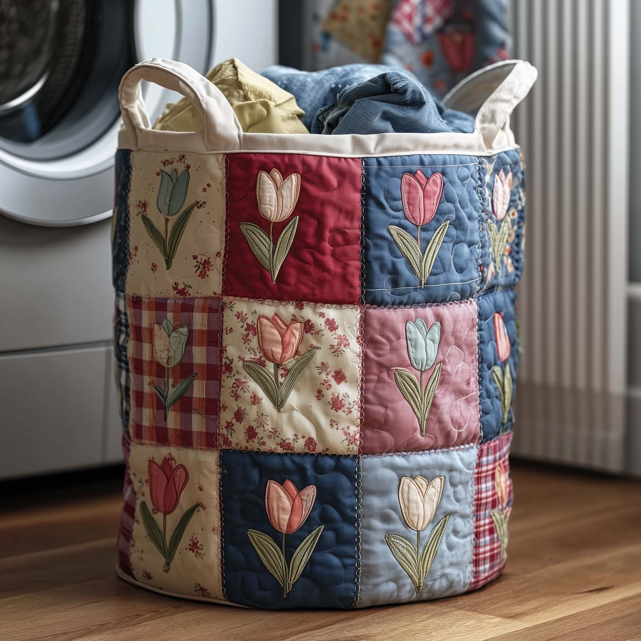 Tulip Patchwork Quilted Laundry Basket Tulip Floral Laundry Hamper Gift For Grandma Home Decor