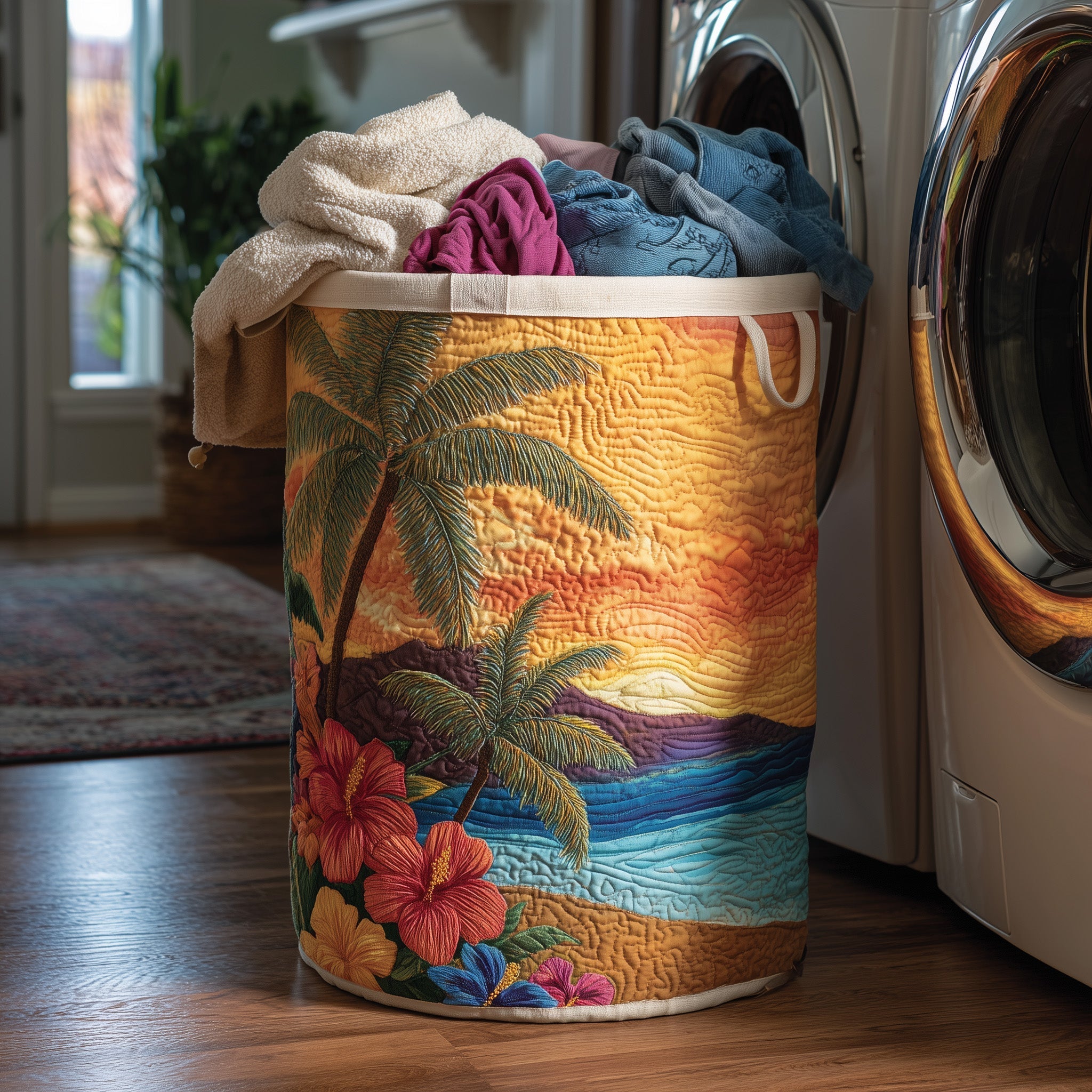 Tropical Sunset Beach Quilted Laundry Basket Palm Tree Hibiscus Laundry Hamper Cozy Home Decor
