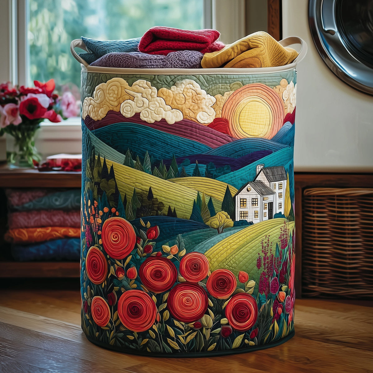 Sunset Landscape Quilted Laundry Basket Floral Farmstead Storage Basket New Home Gift