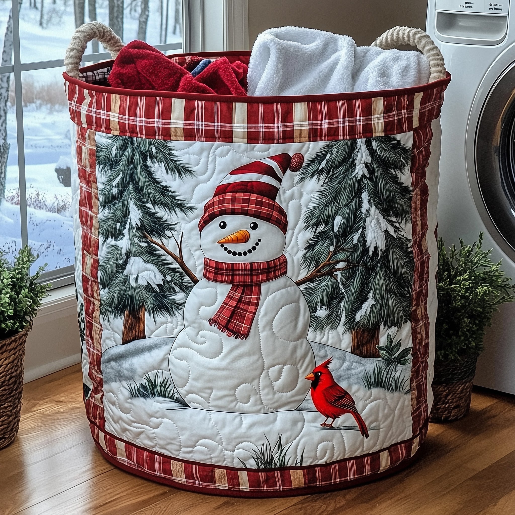 Snowman Winter Scene Quilted Laundry Basket Snowman Cardinal Hamper Cozy Home Decor Gifts