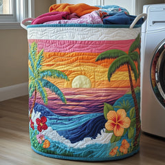 Tropical Sunset Scene Quilted Laundry Basket Hibiscus Sunset Hamper Cozy Gift