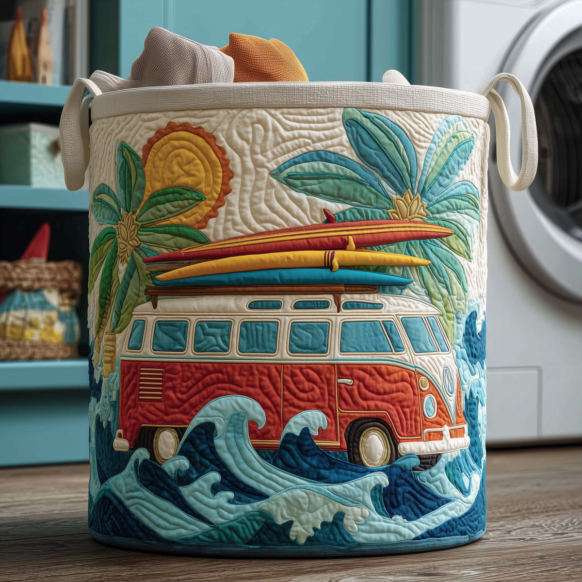 Surf Van Beach Quilted Laundry Basket Van Surfing Waves Laundry Bin Unique Home Decor Gifts