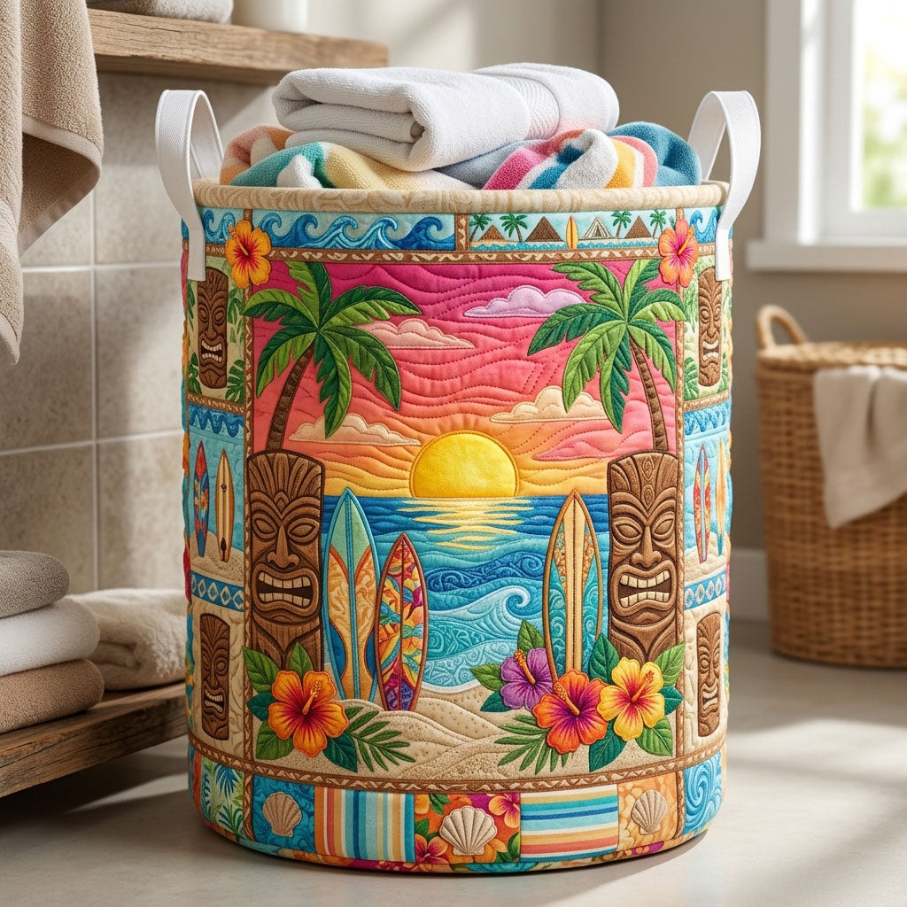 Tropical Sunset Beach Quilted Laundry Basket Tiki Surf Sunset Laundry Bin Home Lover Gift