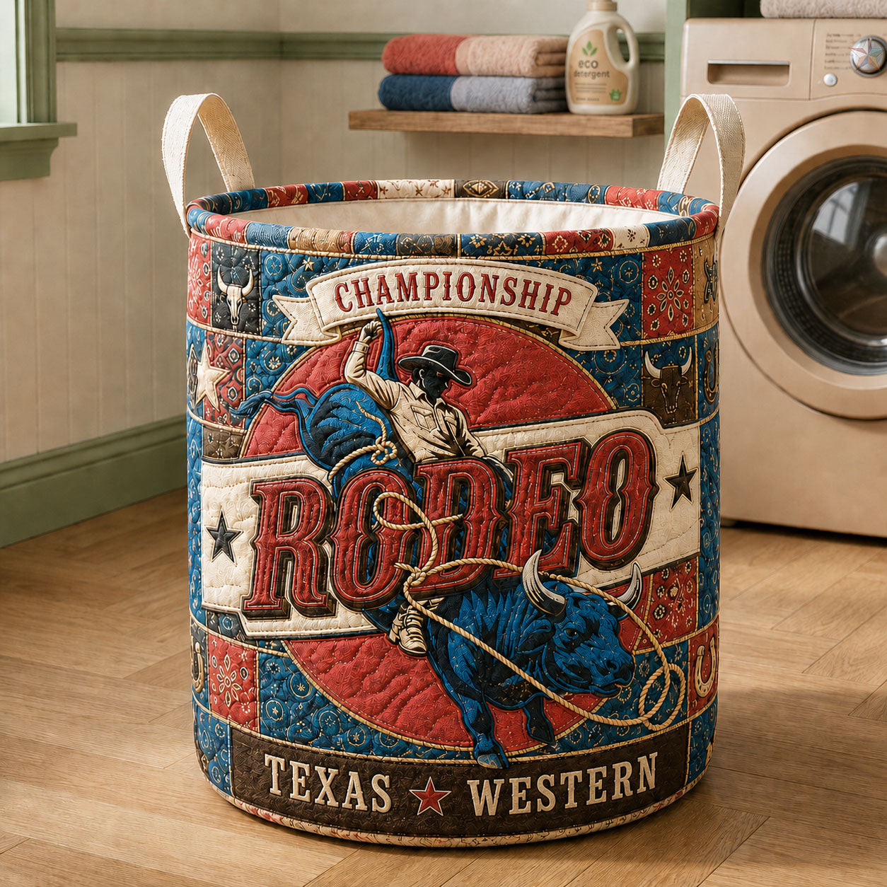 Rodeo Championship Quilted Laundry Basket Bull Rider Hamper Home Decor Gifts For Sister
