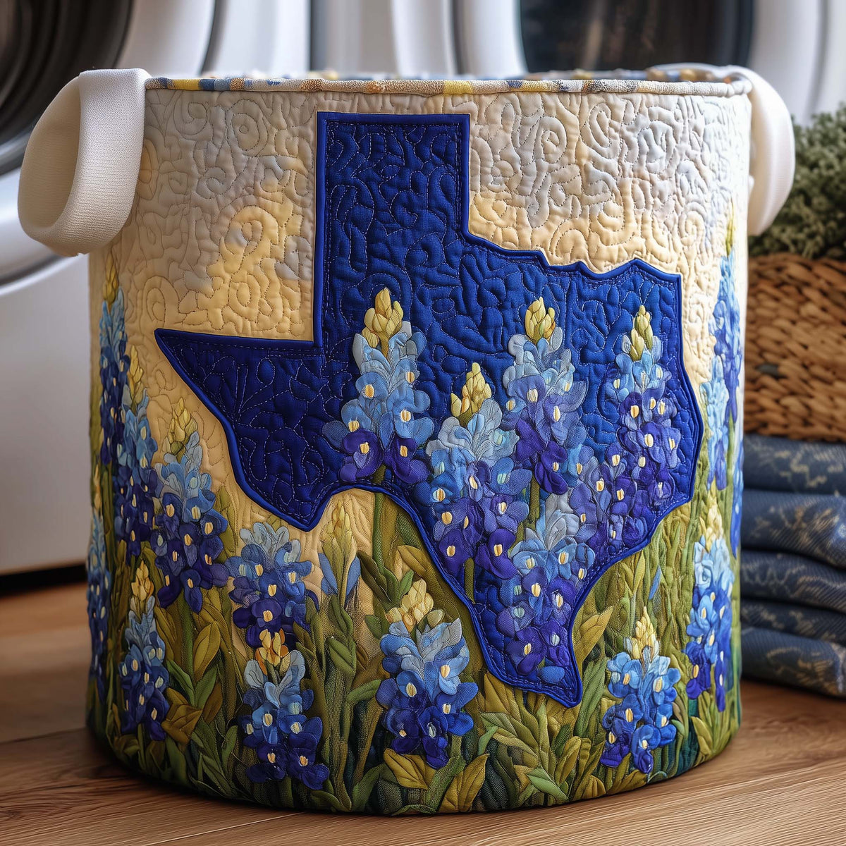 Texas Bluebonnets Quilted Laundry Basket Floral Patchwork Hamper Cozy Home Decor Gifts For Mom