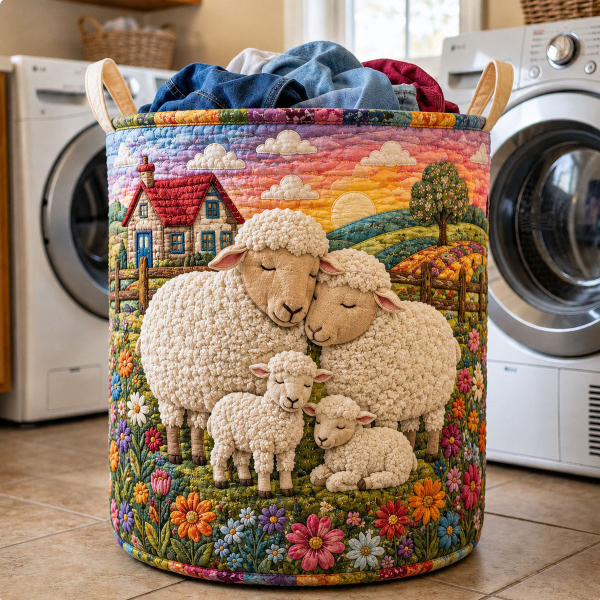 Sheep Heaven Quilted Laundry Basket Farmhouse Sheep Laundry Bin House Gift