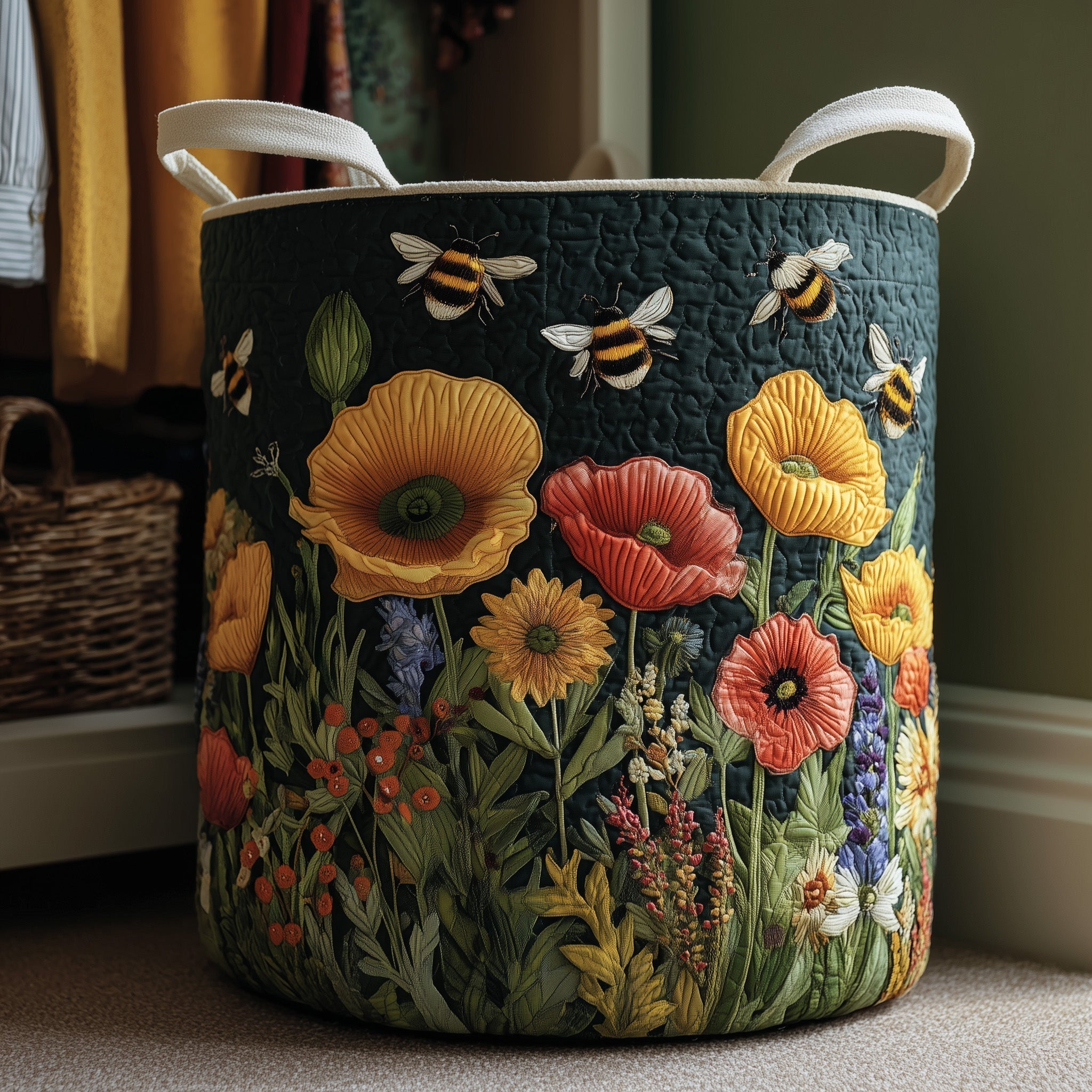 Poppy Meadow Quilted Laundry Basket Bee Lover Storage Basket Unique Gift