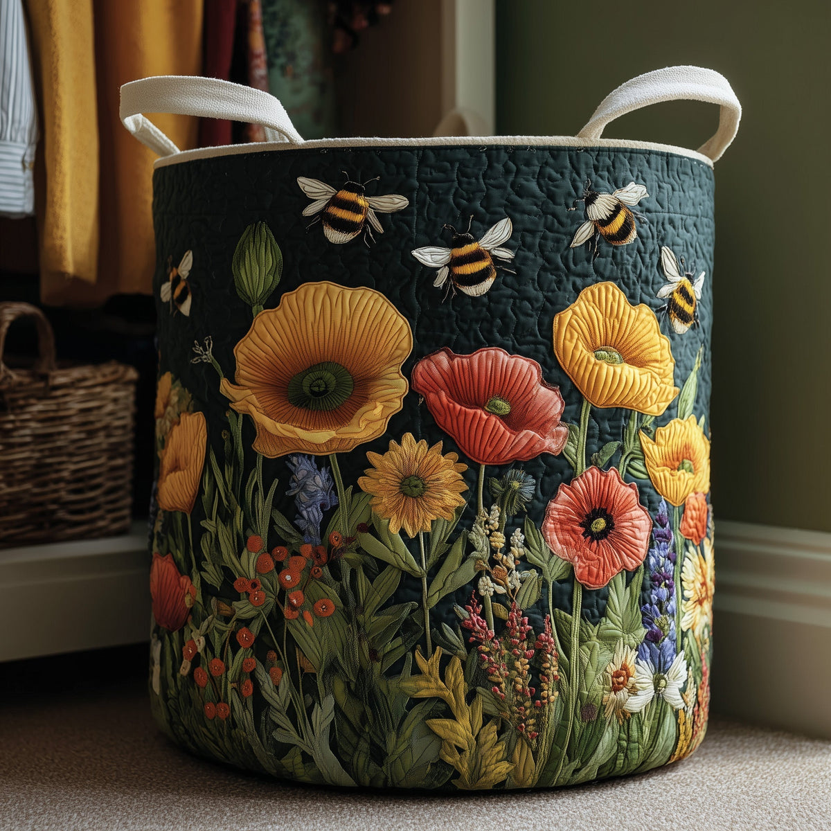 Poppy Meadow Quilted Laundry Basket Bee Lover Storage Basket Unique Gift