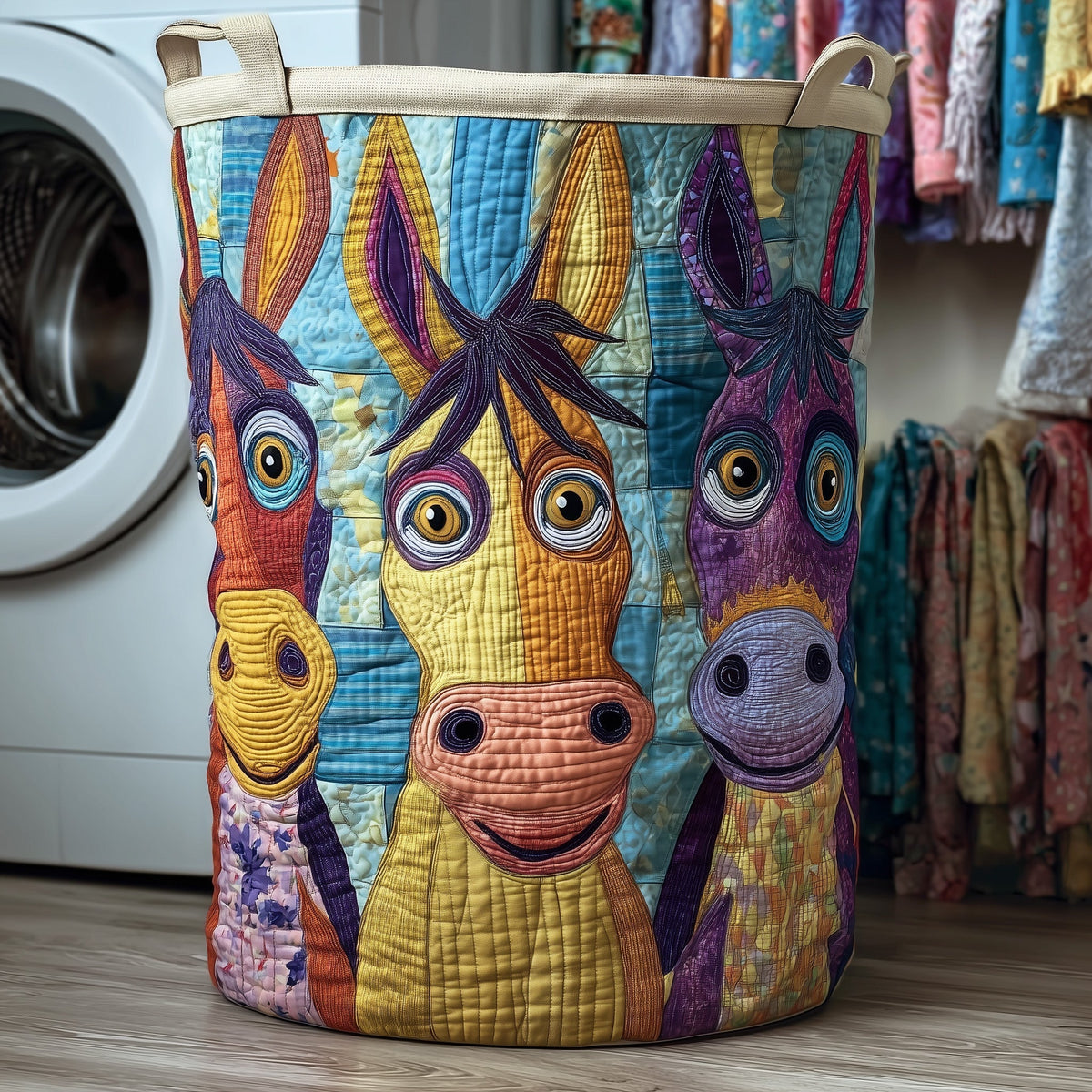 Whimsical Horse Patchwork Quilted Laundry Basket Horse Lover Laundry Bin Gifts For House Lovers