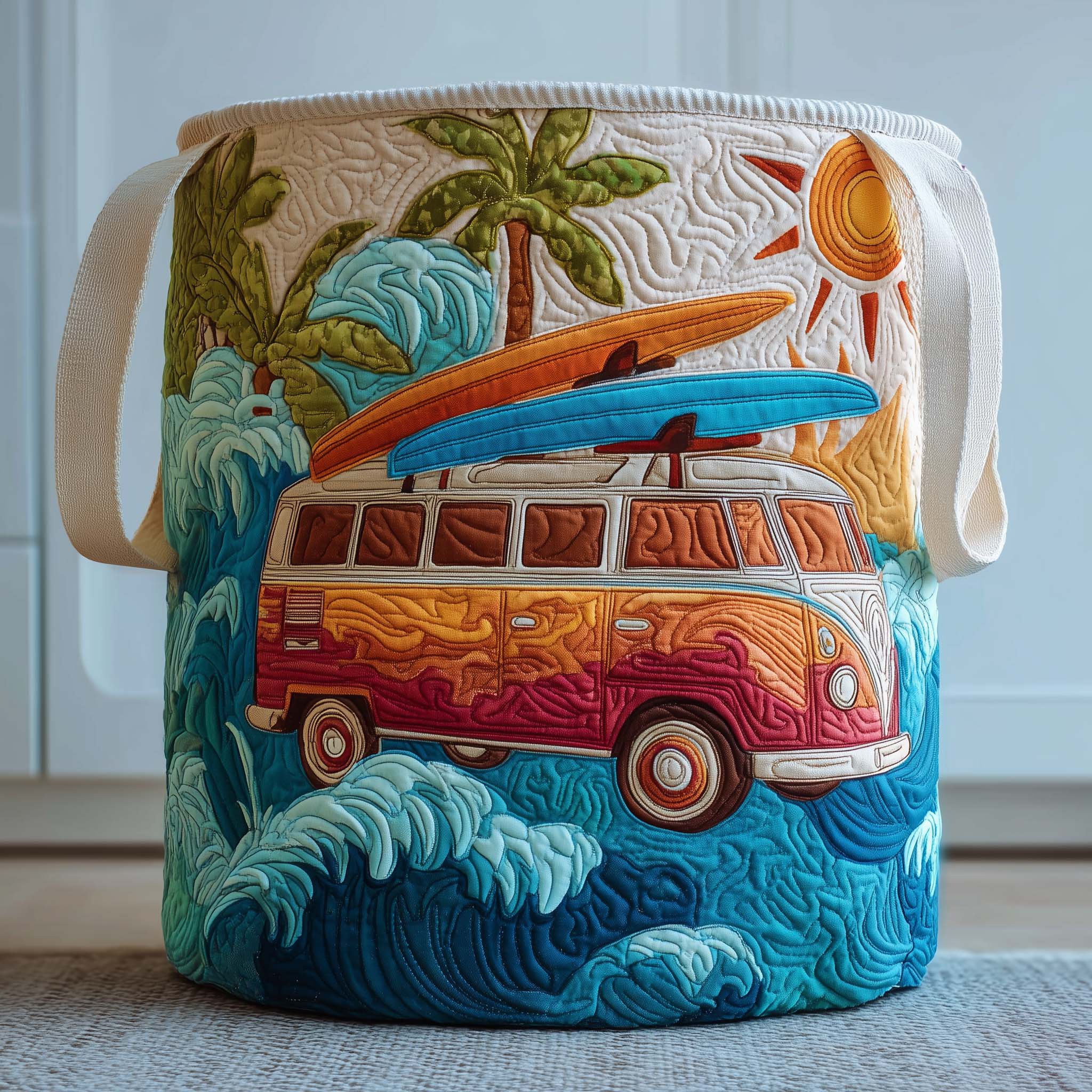 Surf Van Paradise Quilted Laundry Basket Van Surfer Vibes Storage Basket Gift For Cozy Spaces