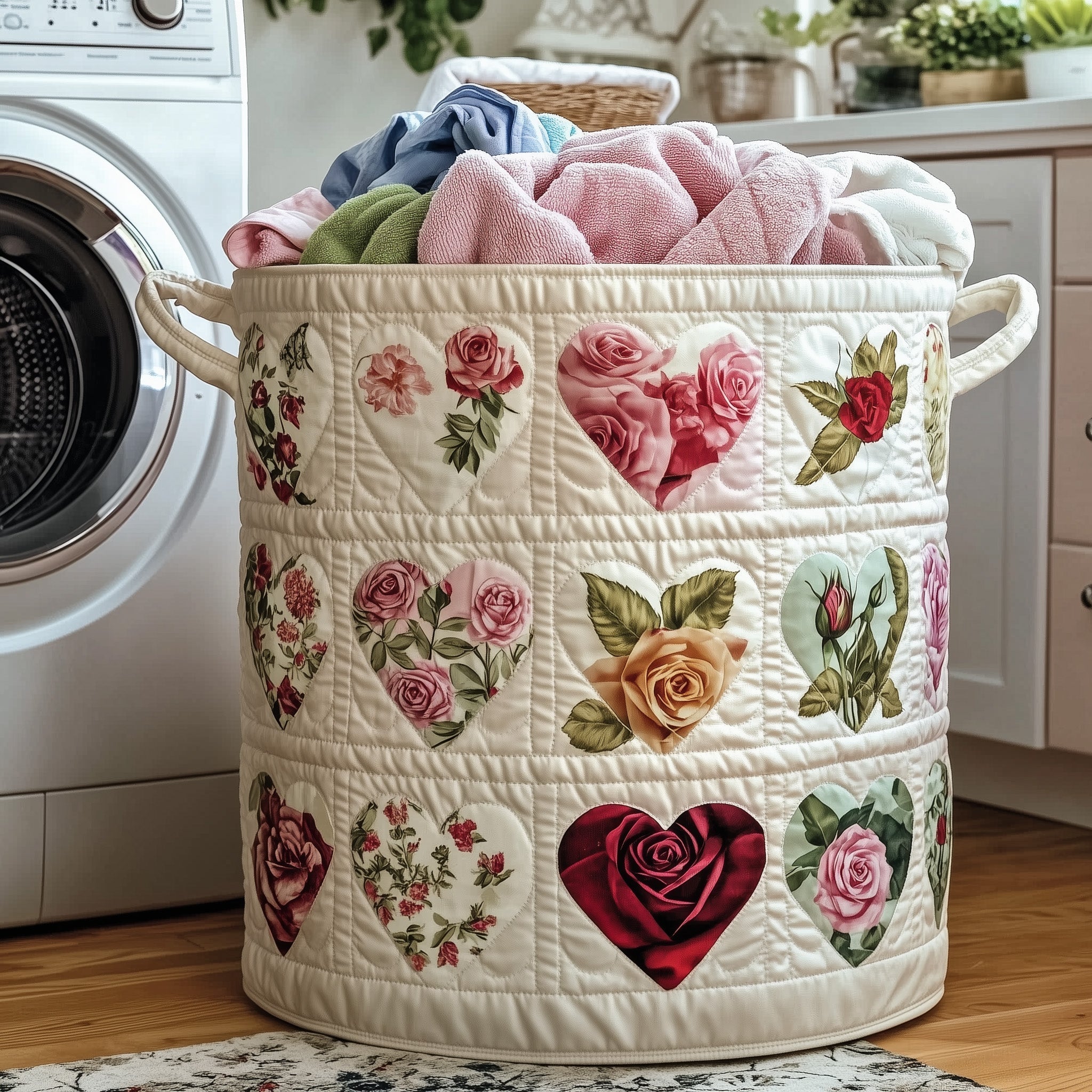 Rose Garden Hearts Quilted Laundry Basket Floral Heart Hamper Gift For New Homeowners