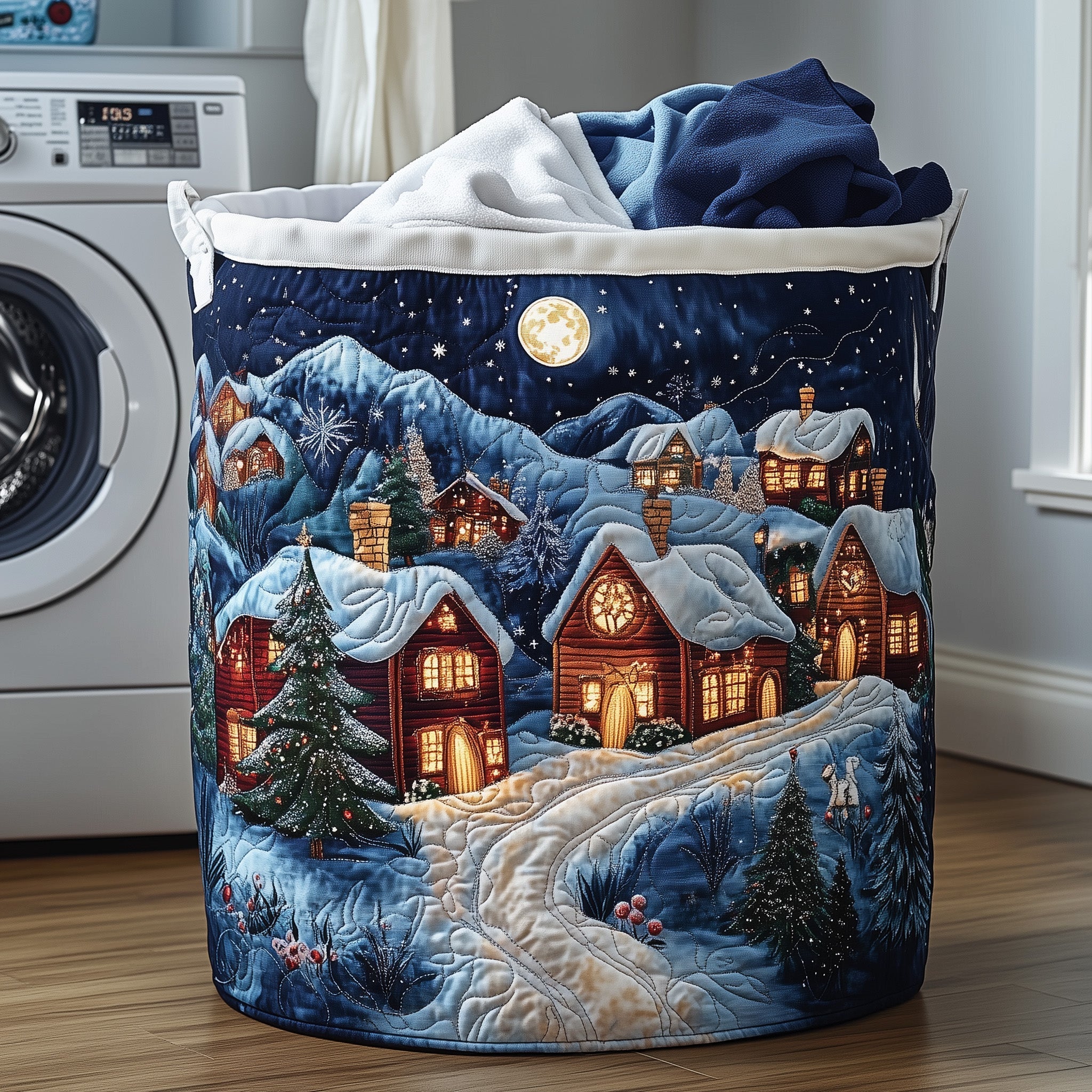 Winter Village Quilted Laundry Basket Snowy Cabin Night Hamper Best Room Decor Gifts For Her