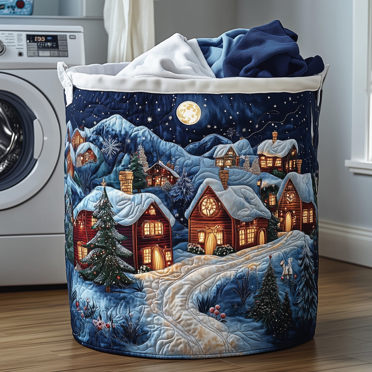 Winter Village Quilted Laundry Basket Snowy Cabin Night Hamper Best Room Decor Gifts For Her