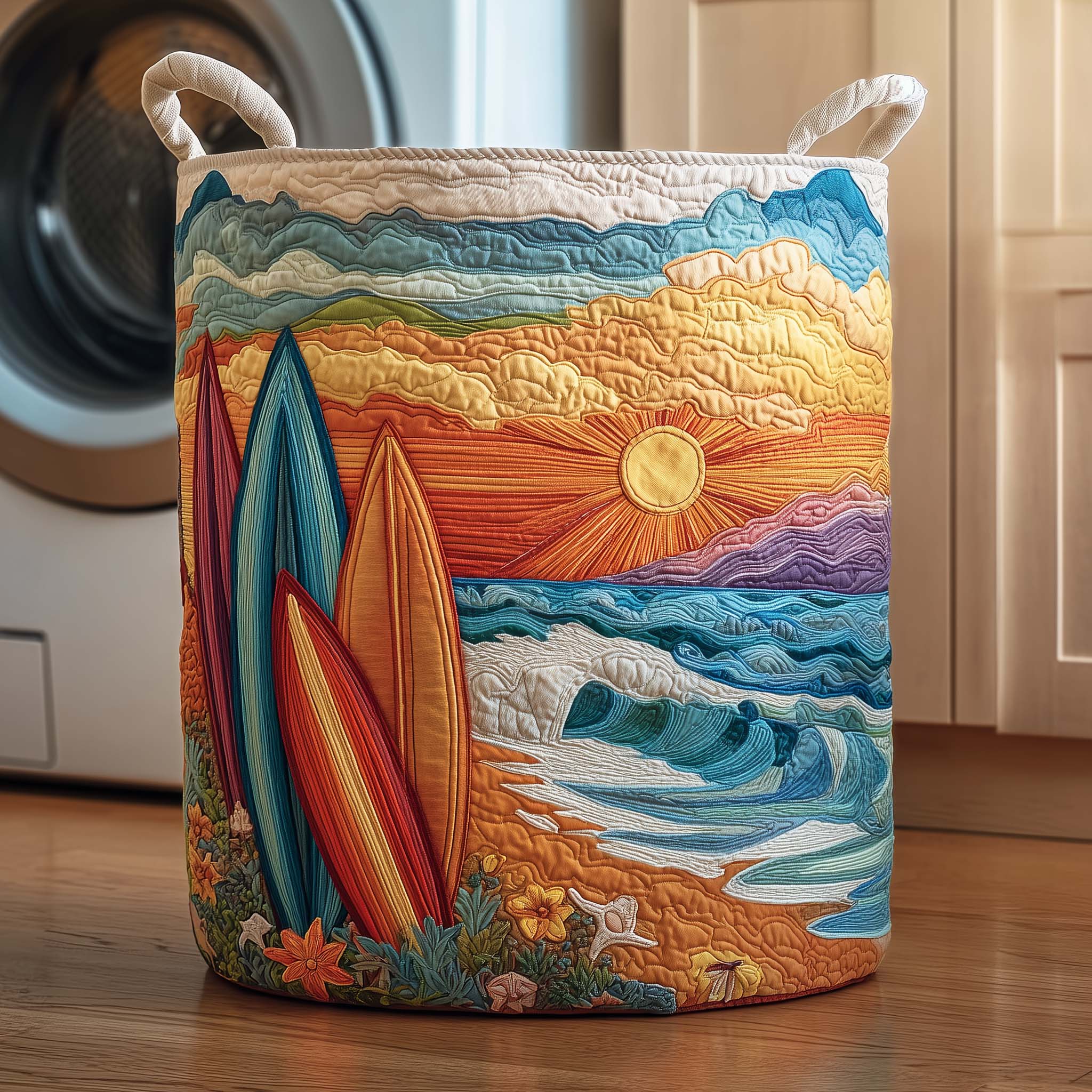 Surfboard Sunset Quilted Laundry Basket Surfboard Beach Sunset Laundry Bin Gift For Cozy Spaces