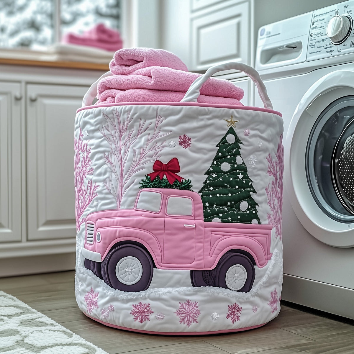 Winter Christmas Truck Quilted Laundry Basket Christmas Tree Truck Laundry Bin Home Decor Gift