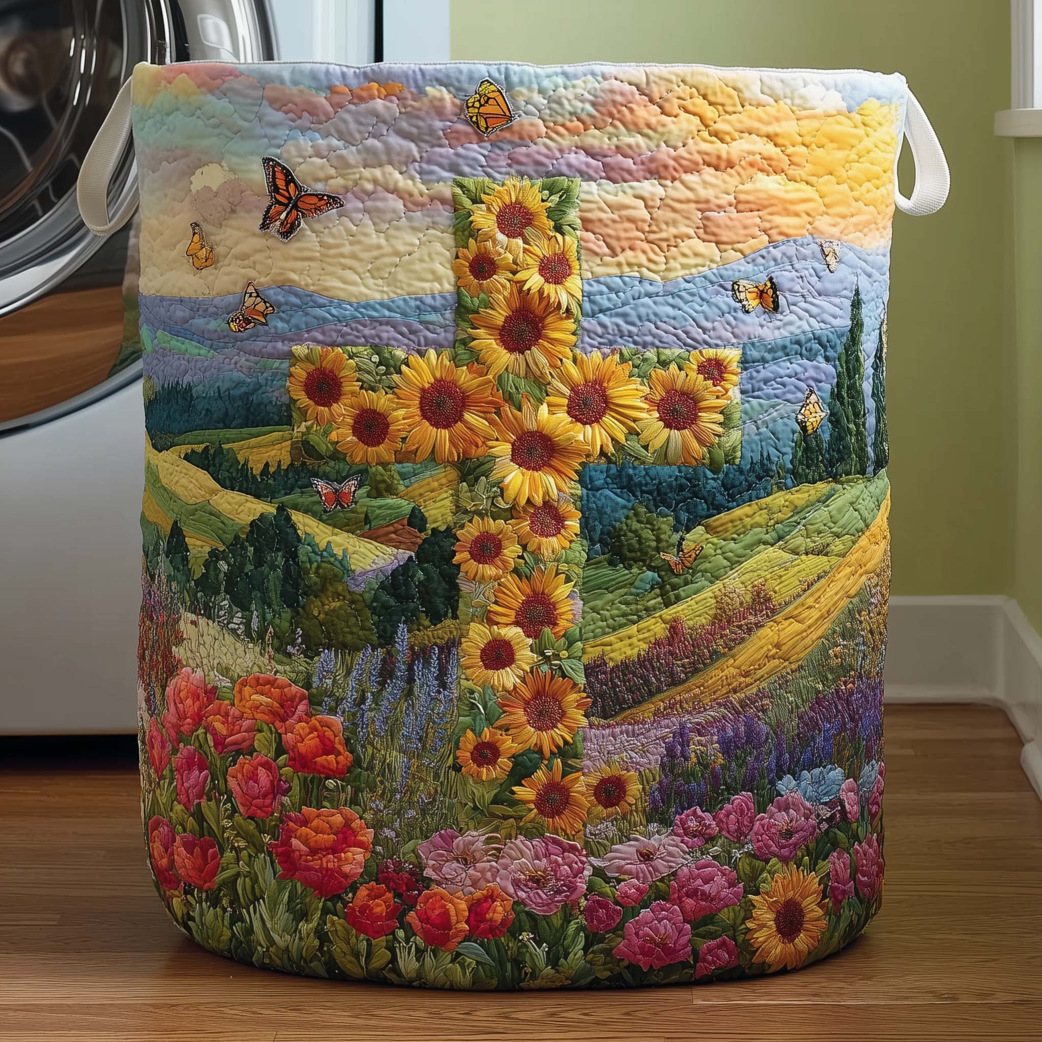 Sunflower Cross Quilted Laundry Basket Sunflower Lover Garden Laundry Hamper House Gift