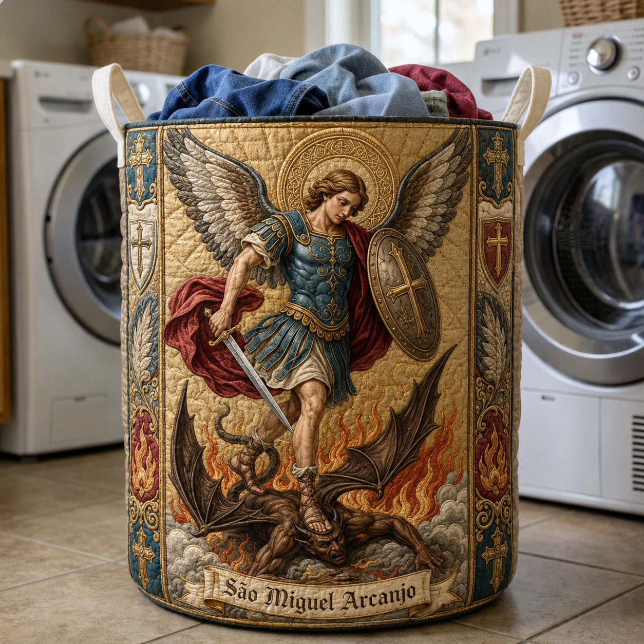 Saint George And The Dragon Quilted Laundry Basket Archangel Michael Laundry Bin Room Decor