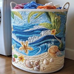 Tropical Beach Scene Quilted Laundry Basket Ocean Waves Laundry Bin Top Decor Gift