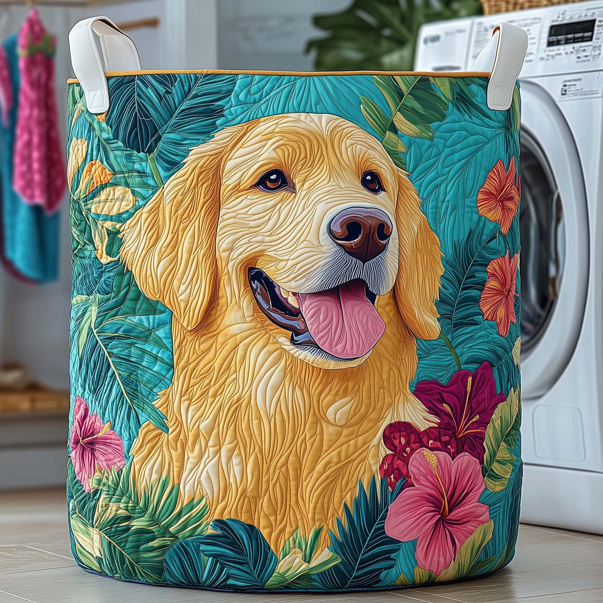 Tropical Dog Quilted Laundry Basket Golden Retriever Lover Laundry Hamper Gift For Living Room