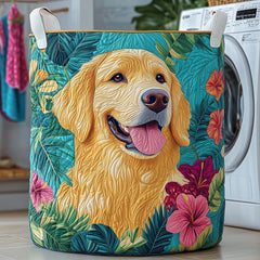 Tropical Dog Quilted Laundry Basket Golden Retriever Lover Laundry Hamper Gift For Living Room