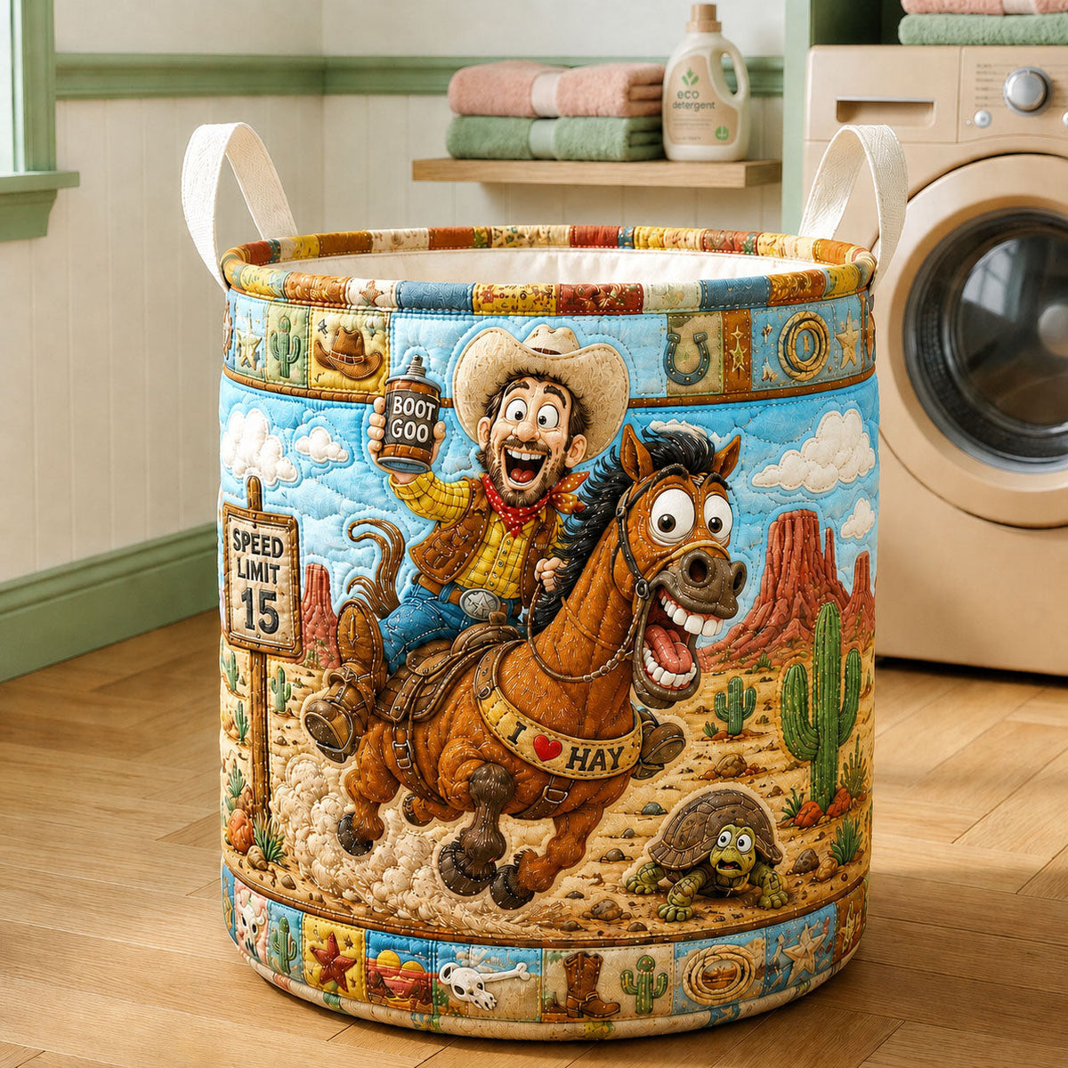 Wild West Cowboy Quilted Laundry Basket Cowboy Horse Laundry Bin Decor Gift