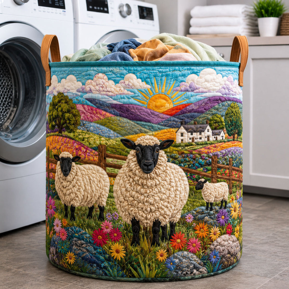 Sheep Meadow Quilted Laundry Basket Sheep Lover Laundry Bin Present For Mom Home Decor