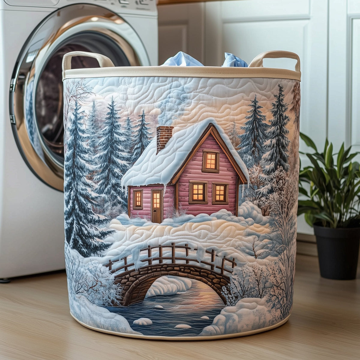 Winter Cabin Scene Quilted Laundry Basket Cabin And Snow Hamper Room Gift