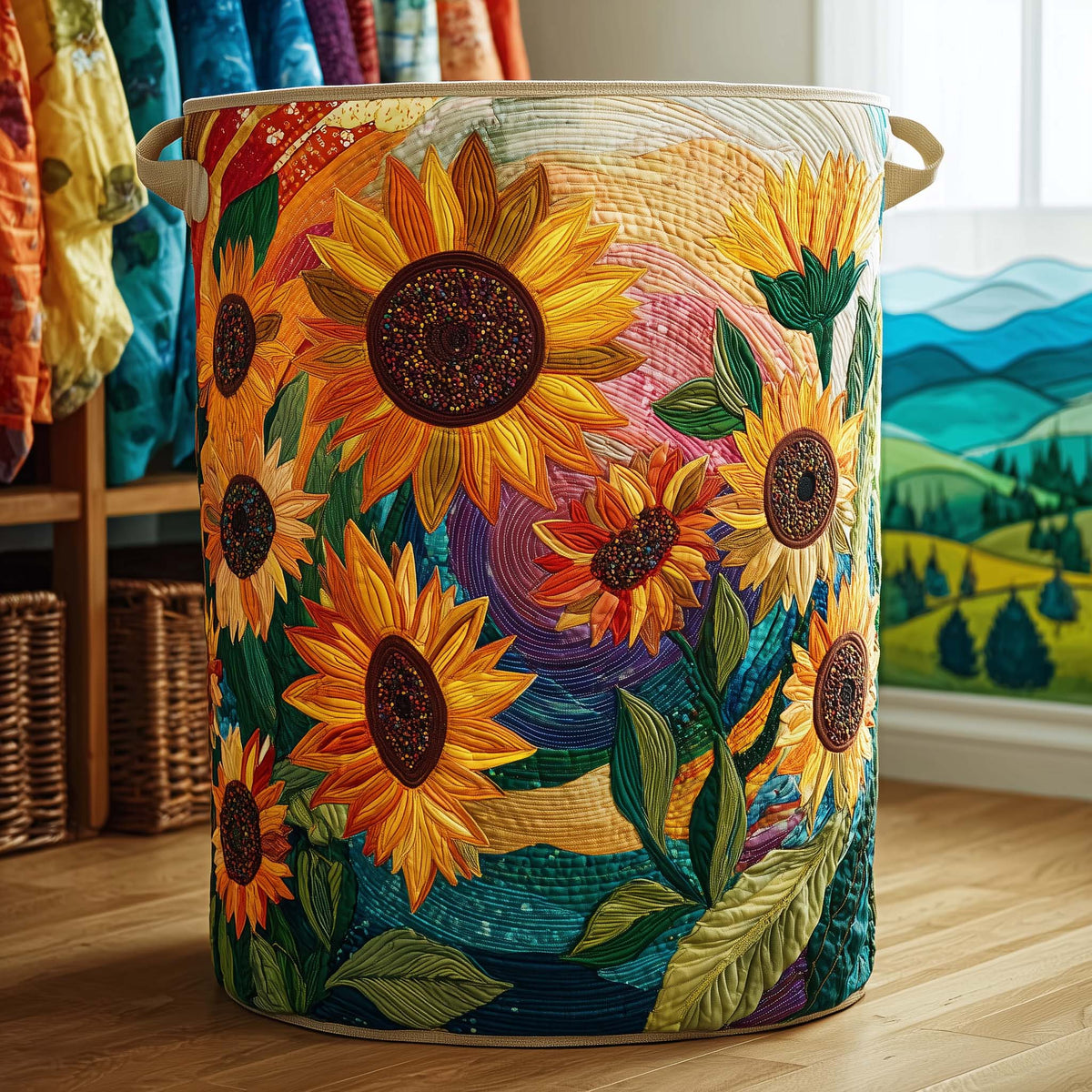 Sunflower Patchwork Quilted Laundry Basket Sunflower Laundry Hamper Present For New Home
