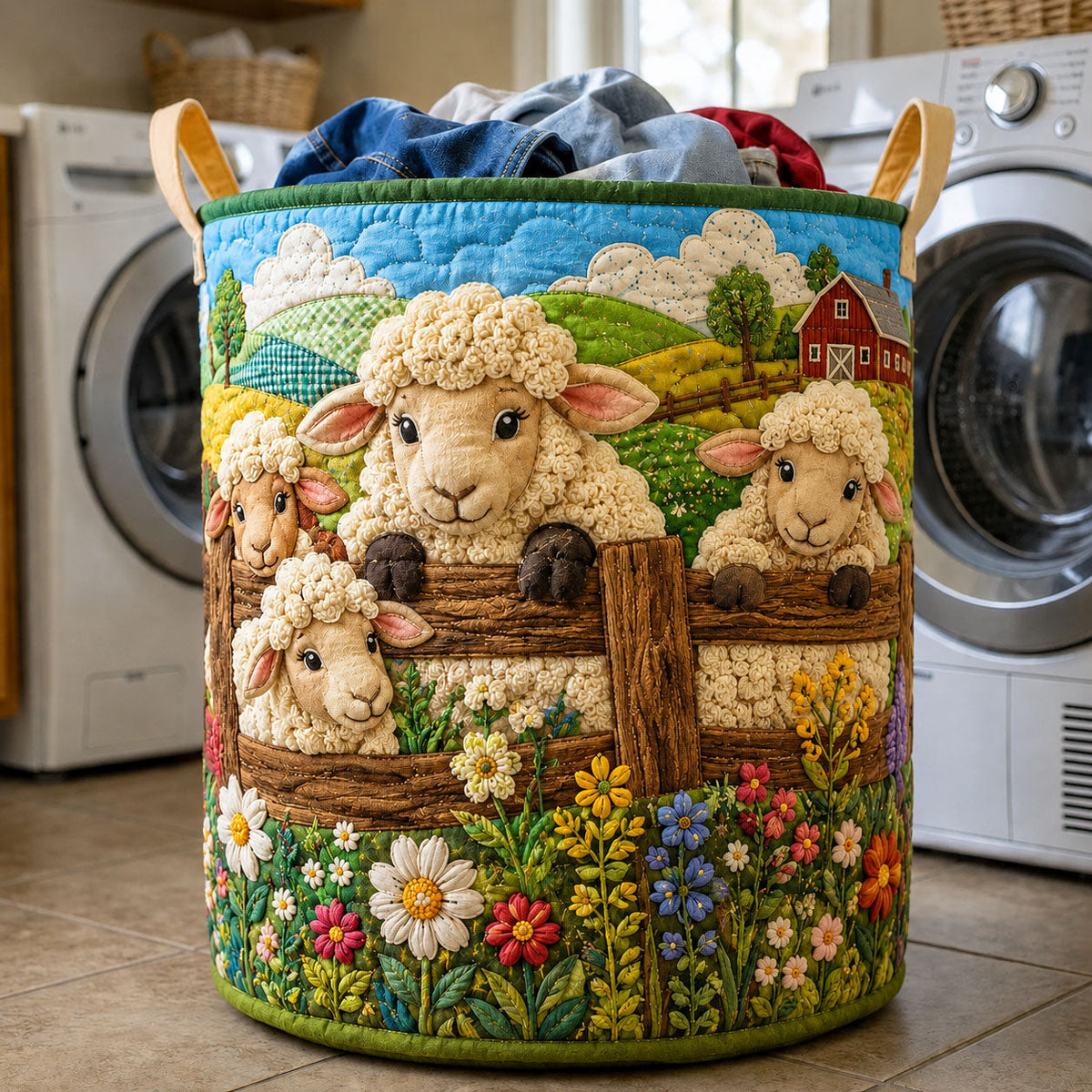 Sheep Meadow Quilted Laundry Basket Sheep Lover Laundry Hamper Room Decor Ideas