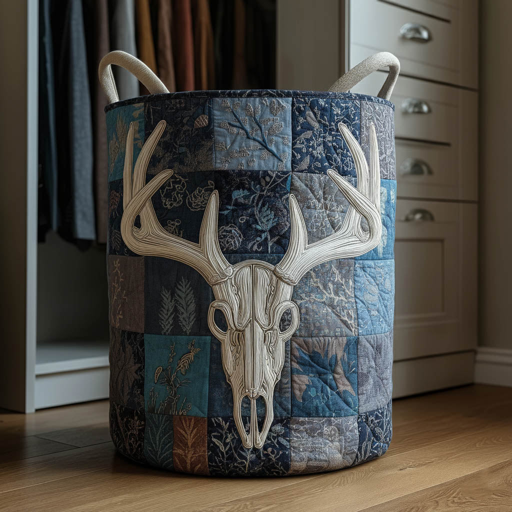 Woodland Antler Quilted Laundry Basket Deer Skull Laundry Hamper Unique Housewarming Gift Ideas