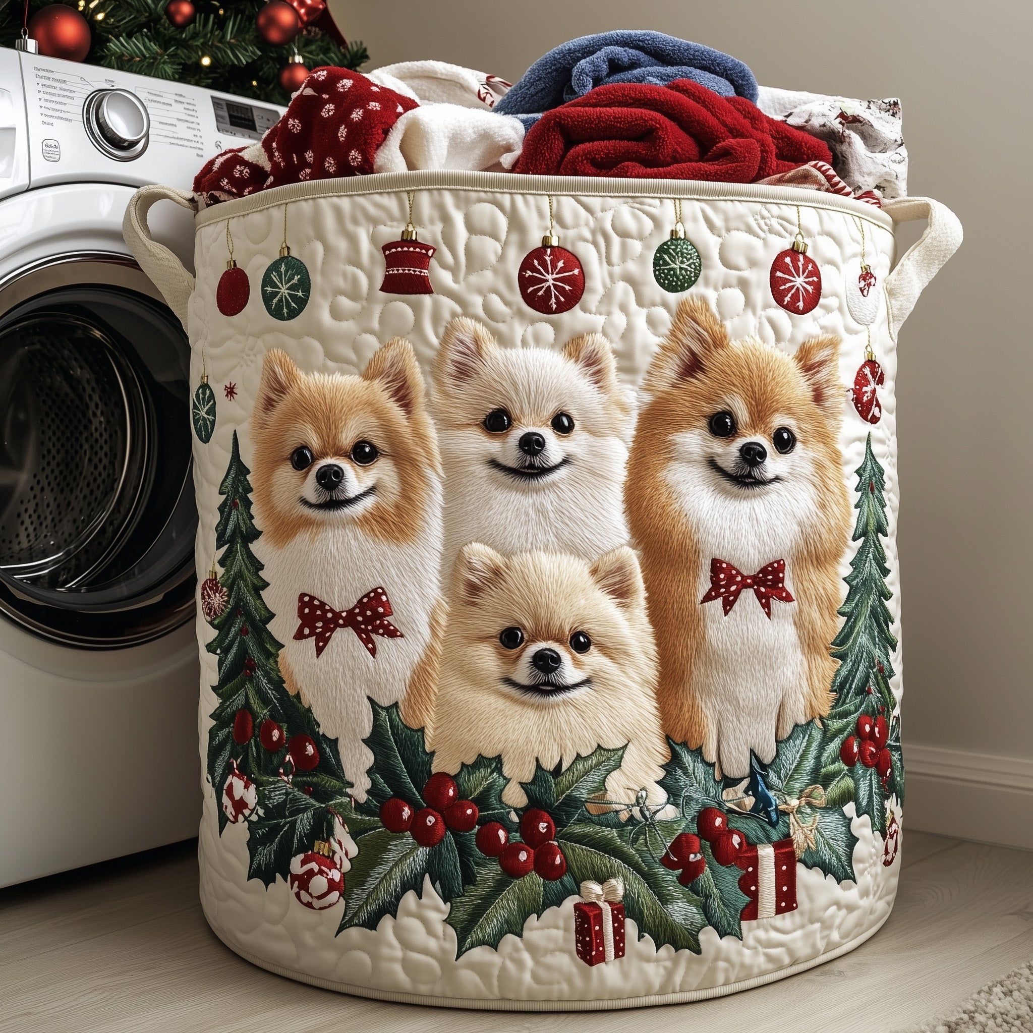 Pomeranian Christmas Quilted Laundry Basket Pomeranian Lover Storage Basket Home Gifts For Mom