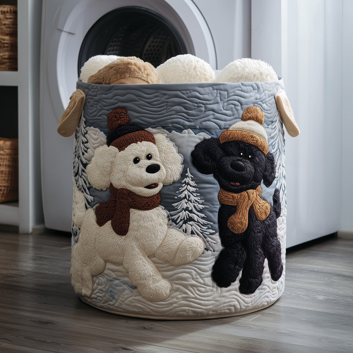 Winter Pups Quilted Laundry Basket Dog Lover Laundry Hamper Best Room Decor Gifts For Her