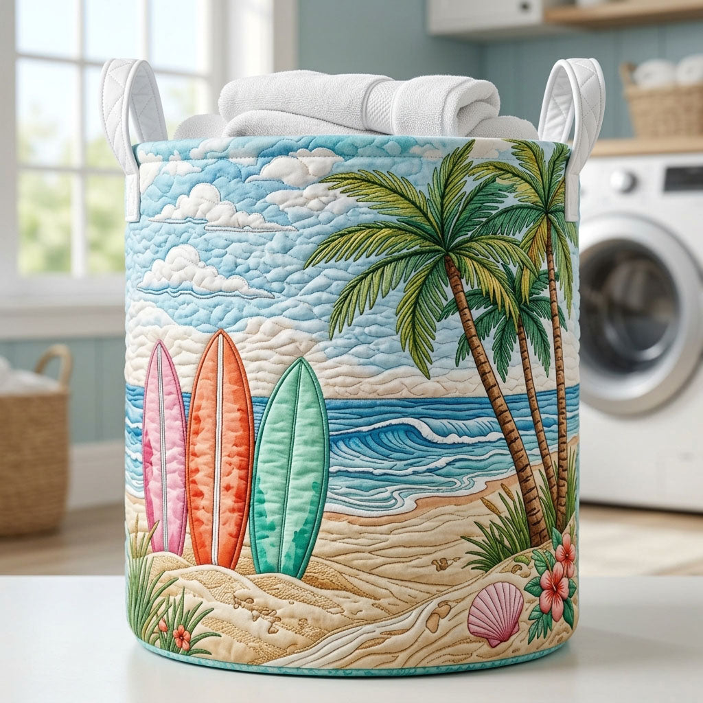 Tropical Beach Scene Quilted Laundry Basket Surfboard Beach Laundry Bin Home Gift