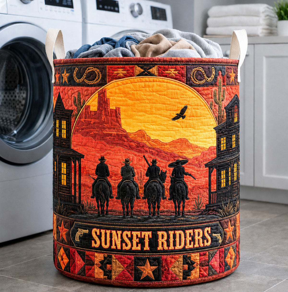 Sunset Riders Quilted Laundry Basket Western Sunset Laundry Bin Home Gift