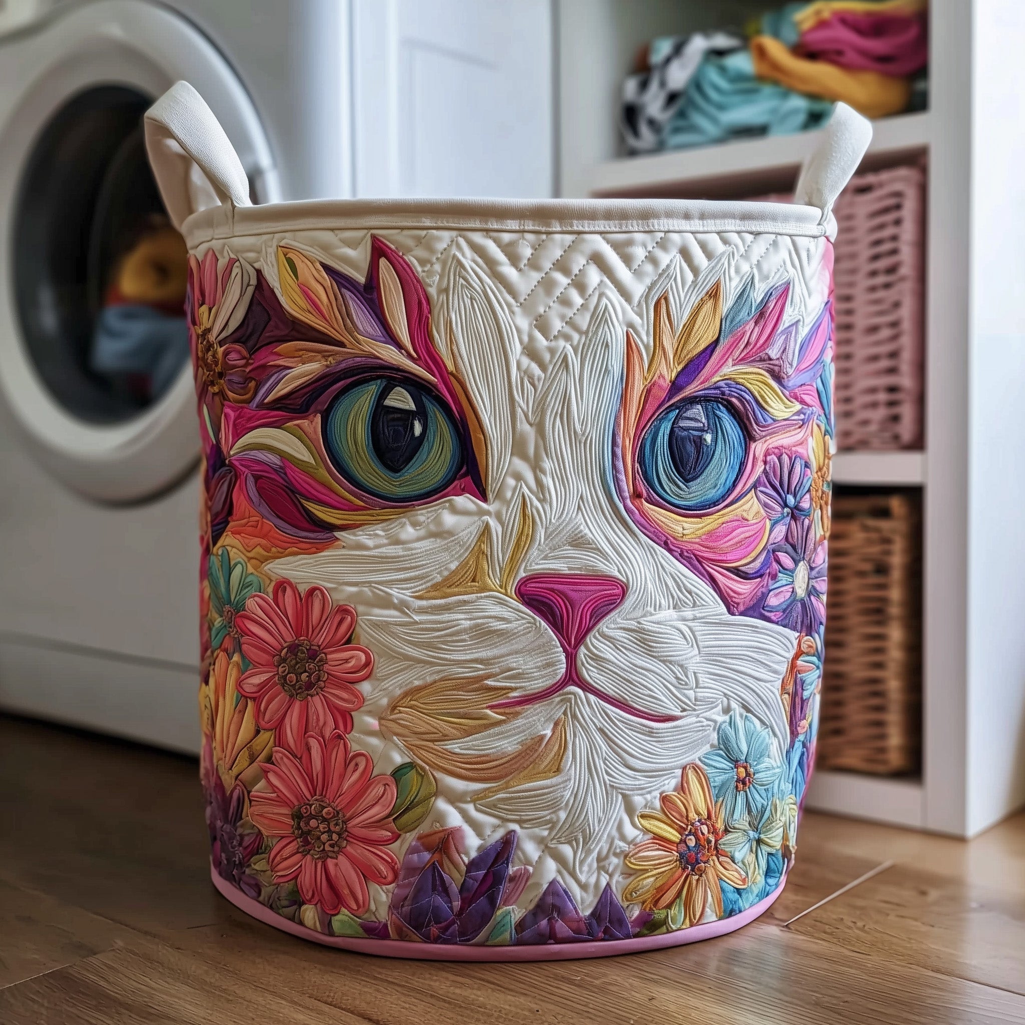 Whimsical Cat Garden Quilted Laundry Basket Cat Lover Storage Basket Presents For New Home