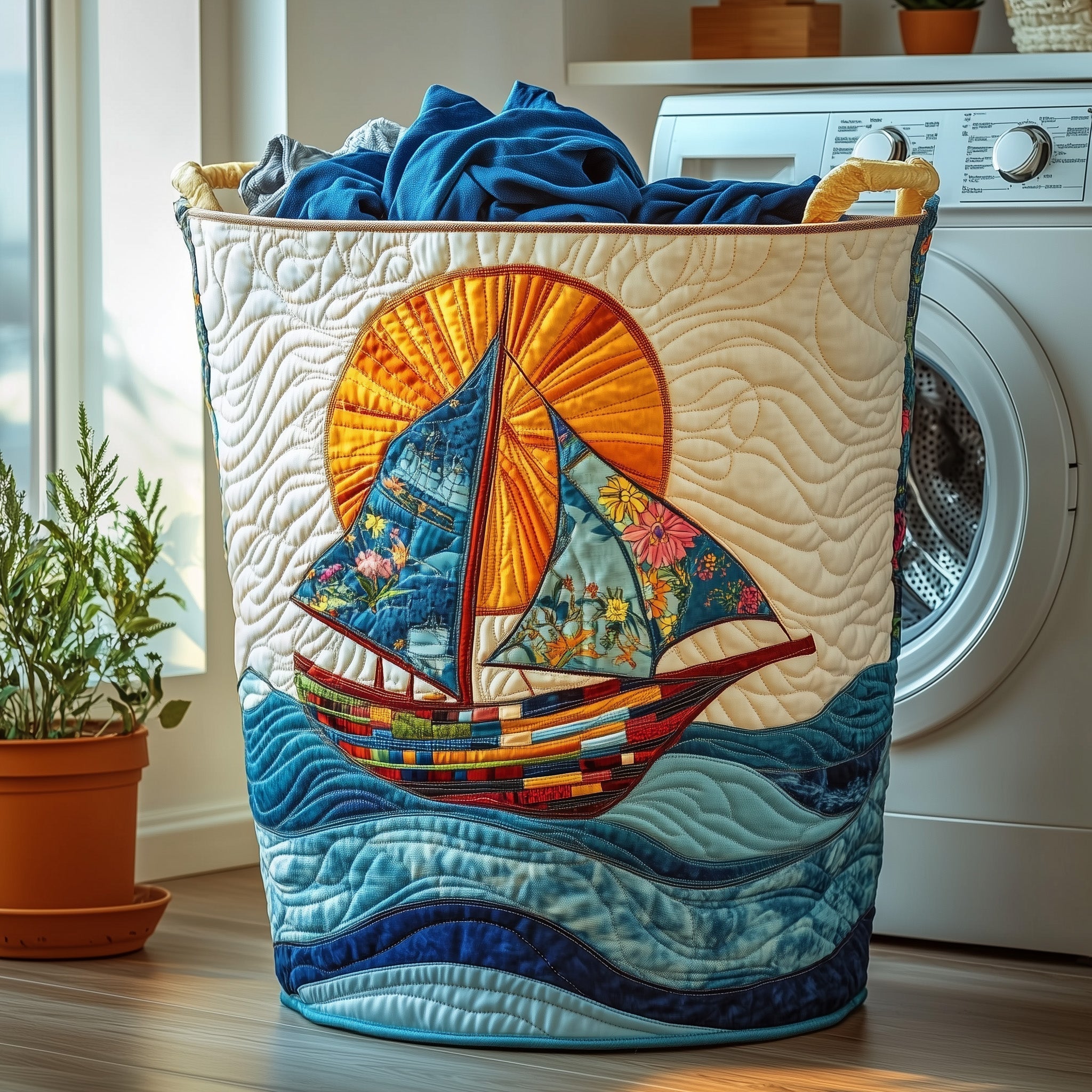 Sailing Sunset Quilted Laundry Basket Sailboat Floral Clothes Hamper Gift For Home Decorators