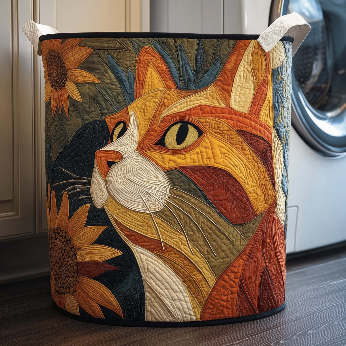Sunflower Cat Quilted Laundry Basket Cat Lover Clothes Hamper Decor Gift