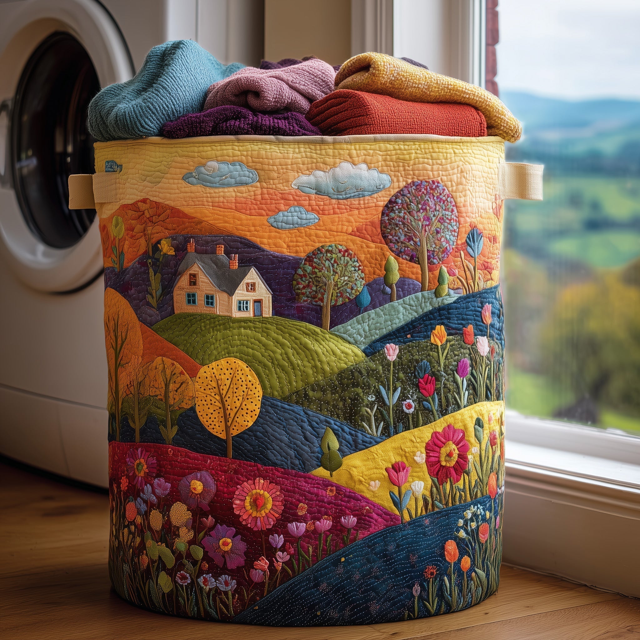 Whimsical Cottage Garden Quilted Laundry Basket Floral Hills Laundry Hamper New Home Gift