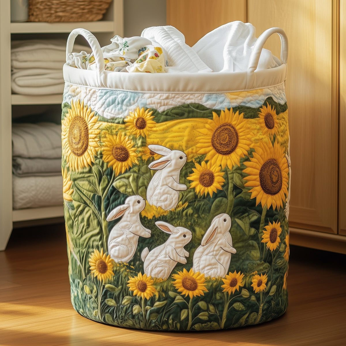 Sunflower Bunny Meadow Quilted Laundry Basket Bunny Lover Laundry Hamper Decor Gift