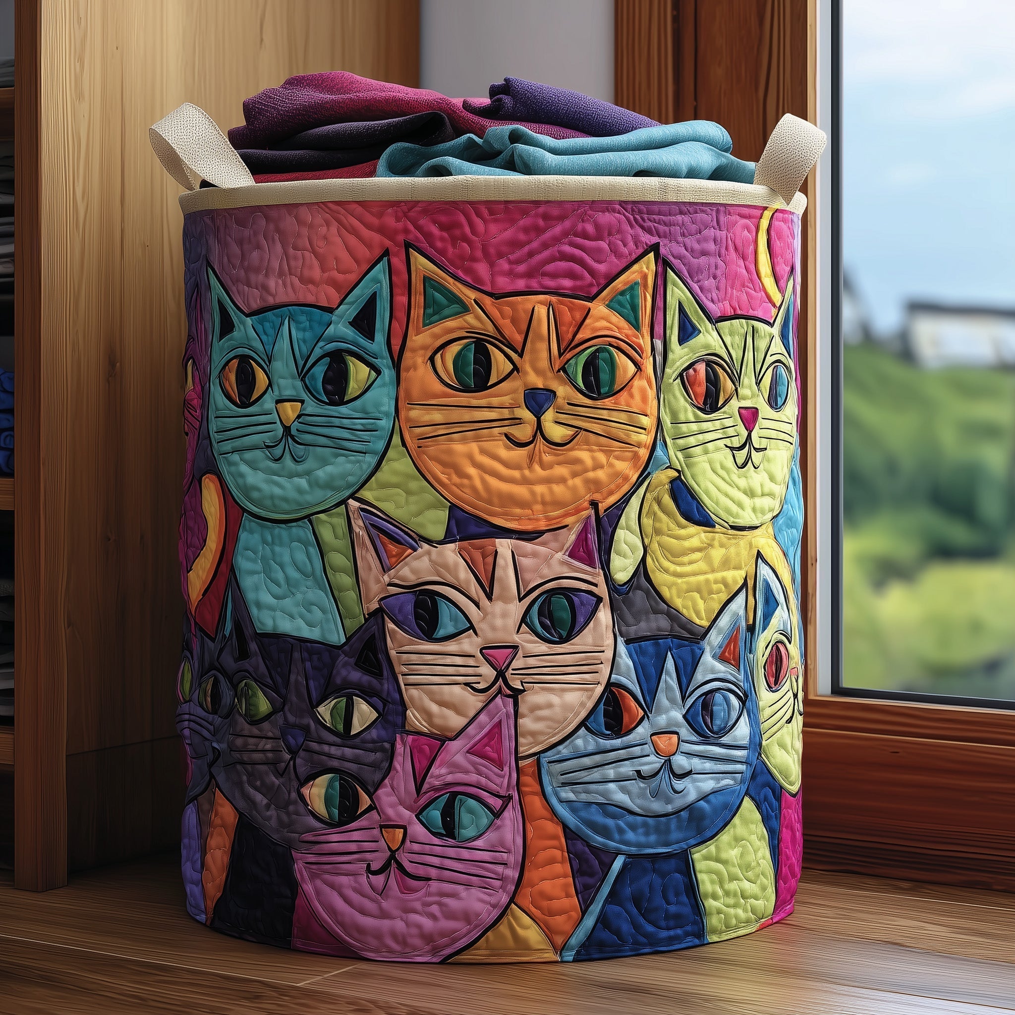 Whimsical Cat Collage Quilted Laundry Basket Cat Lover Clothes Hamper Gifts For Room Decor