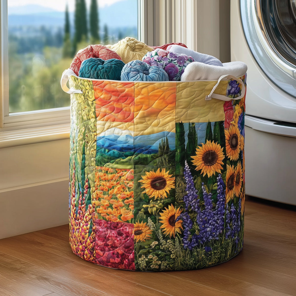 Sunflower Landscape Quilted Laundry Basket Sunflower Patchwork Storage Basket Trendy Room Decor