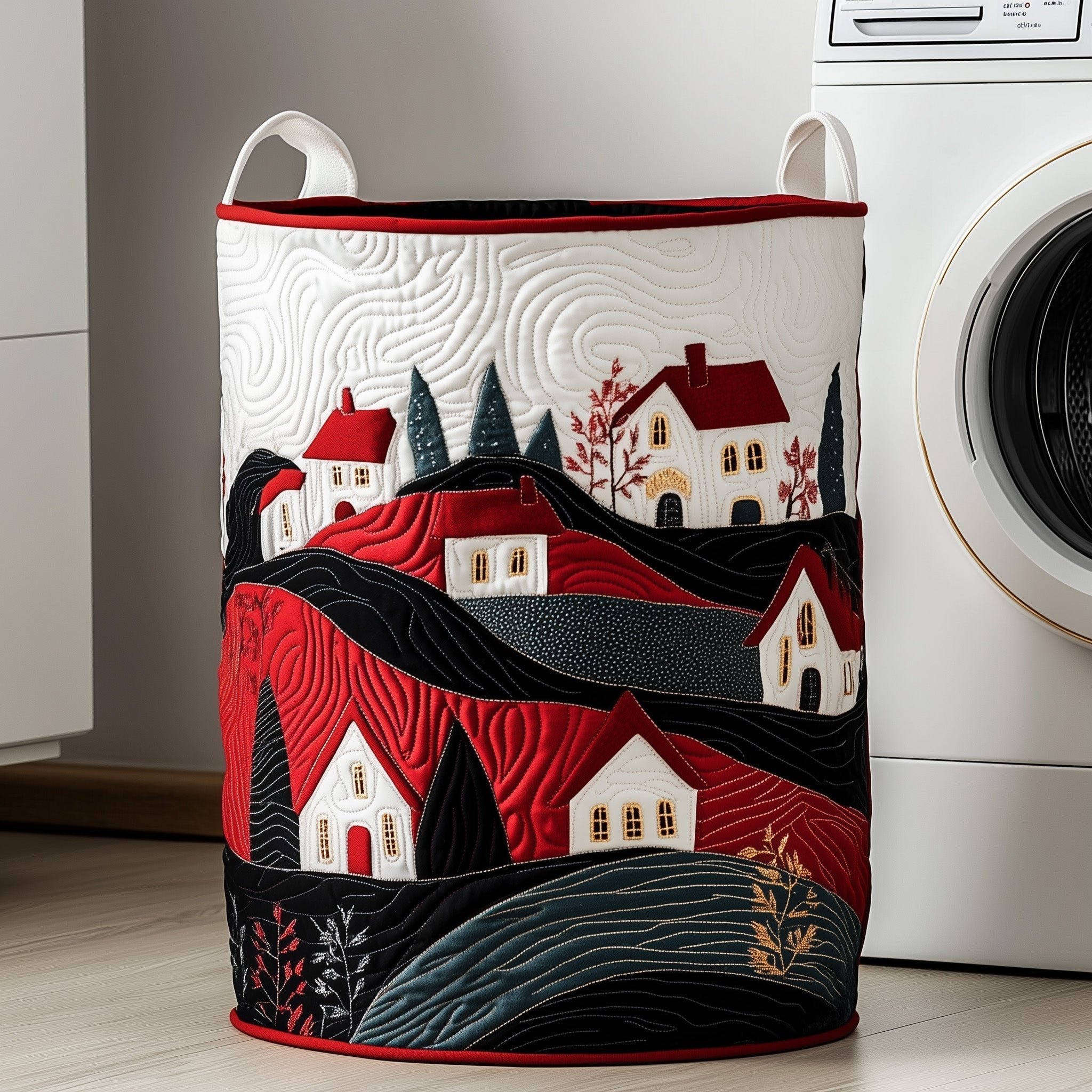 Village Scene Quilted Laundry Basket Village Houses Laundry Hamper Gift For Room Decor