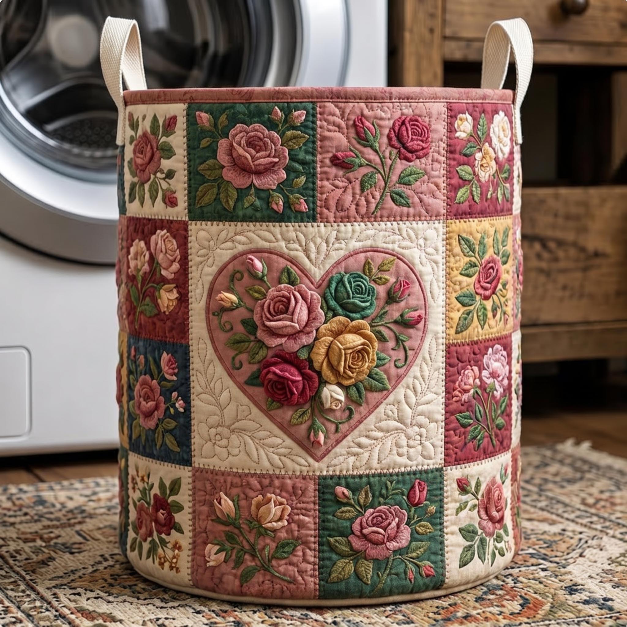 Rose Heart Quilt Quilted Laundry Basket Floral Wildflower Patchwork Storage Basket Decor Gift