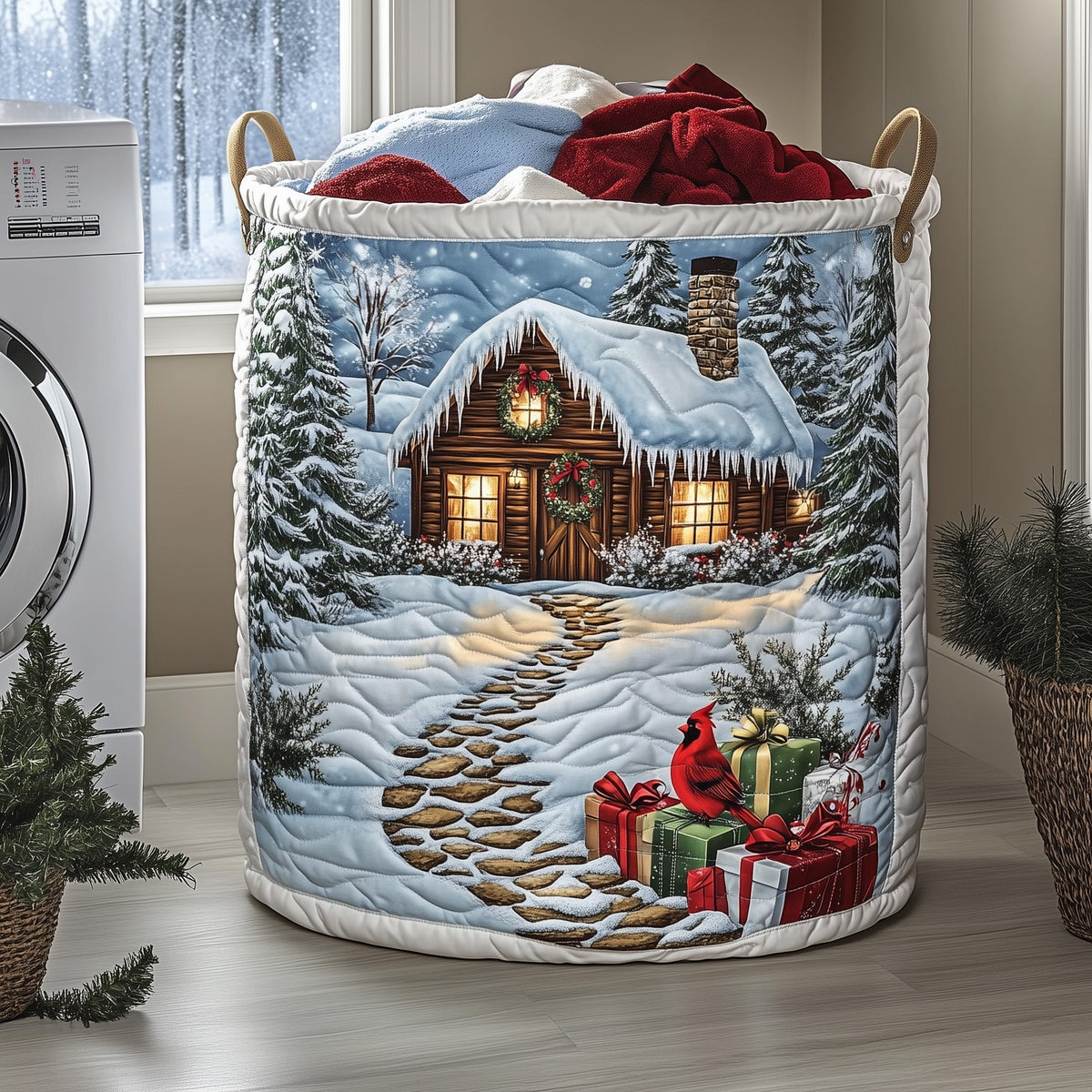 Winter Cabin Scene Quilted Laundry Basket Cardinal And Gifts Clothes Hamper Room Decor Gift
