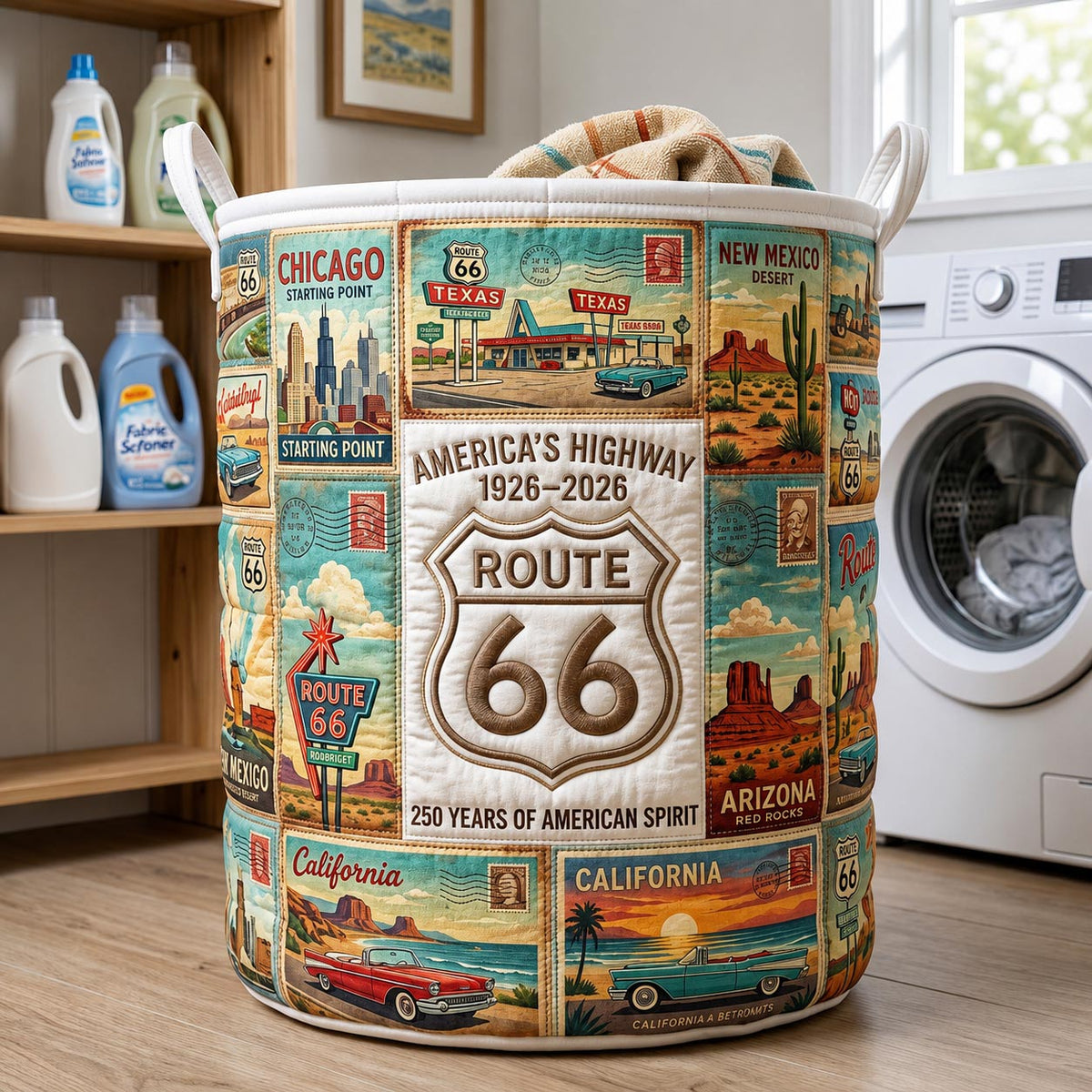 Route 66 100th Anniversary Quilted Laundry Basket American Highway Laundry Bin Home Decor Gifts