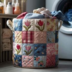 Tulip Garden Quilted Laundry Basket Tulip Patchwork Hamper Home Decor Gifts For Mom