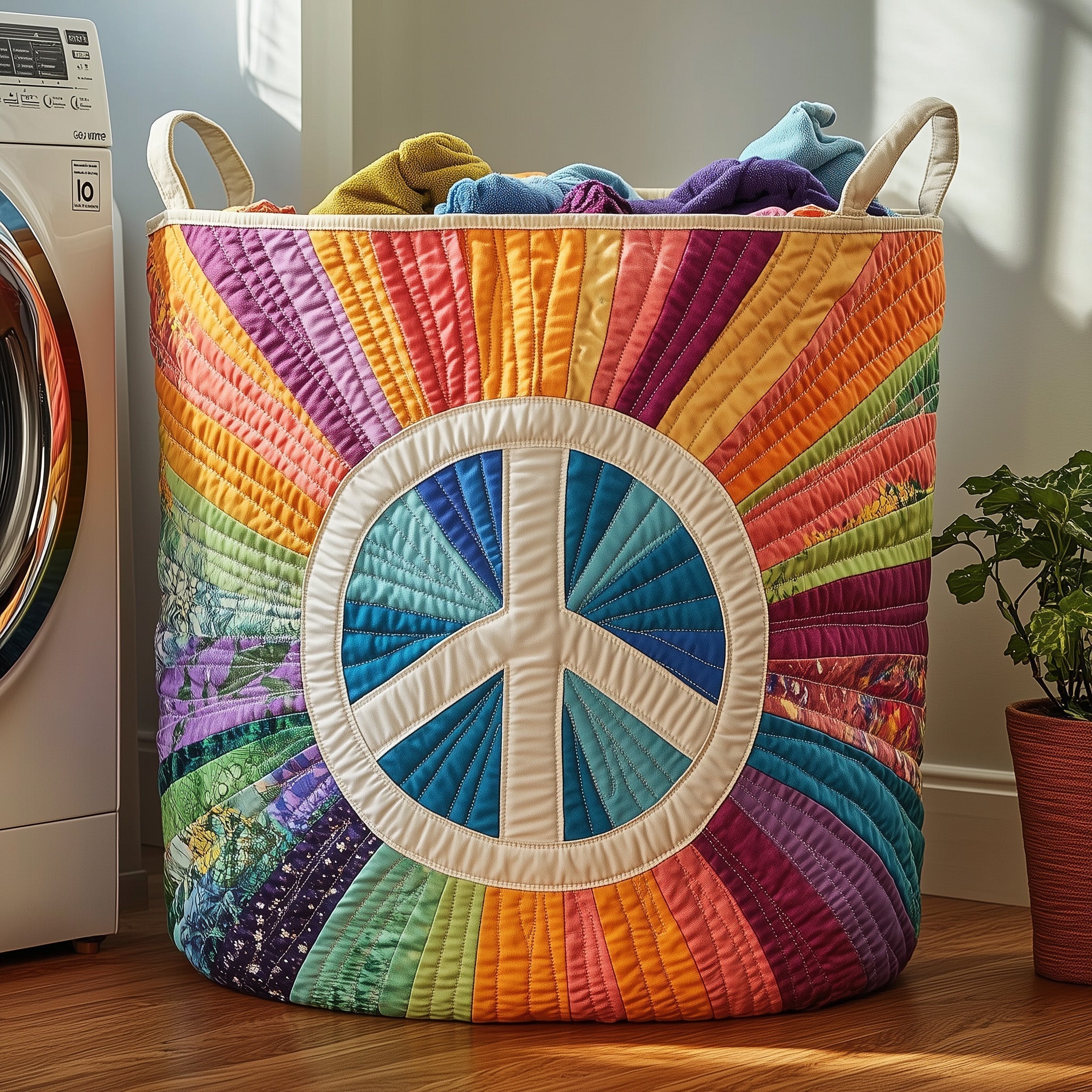 Peaceful Sunburst Quilted Laundry Basket Peace Symbol Clothes Hamper Pretty Room Decor For Her