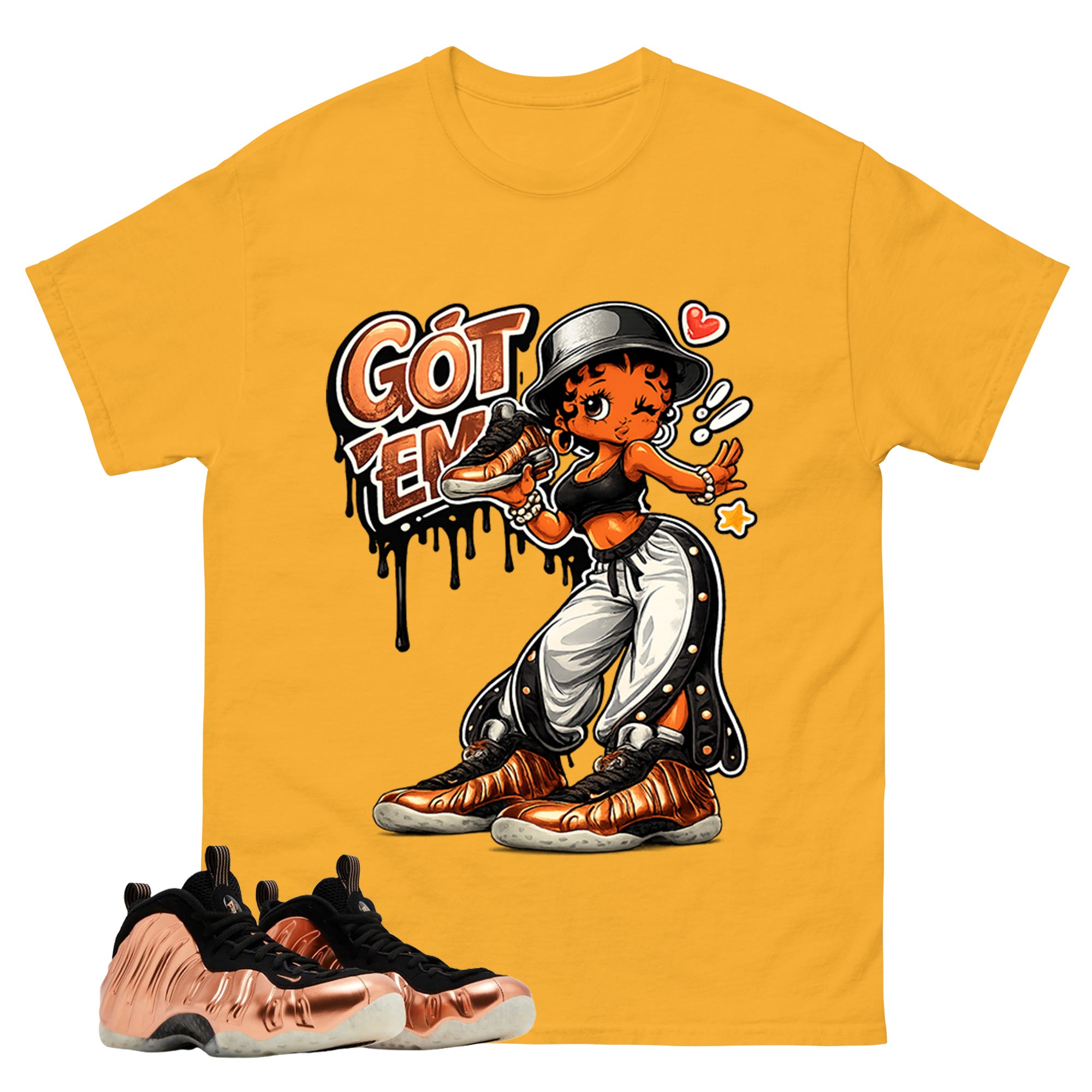 Got Em Lady Graphic Tee, Shirt to Match Air Foamposite One Copper, Air Foamposite Unisex Black Shirt